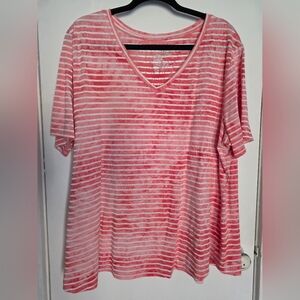Terra & Sky Vneck Striped Tee, Coral/White, Size 2X (20W-22W)